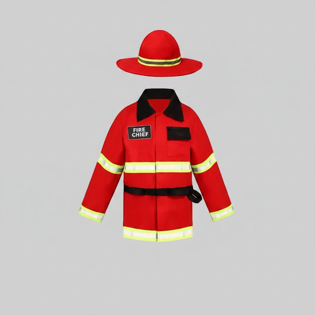Firefighter costume for kids featuring a hooded coverall design, available in sizes M and XL, ideal for Halloween and dress-up play. 0